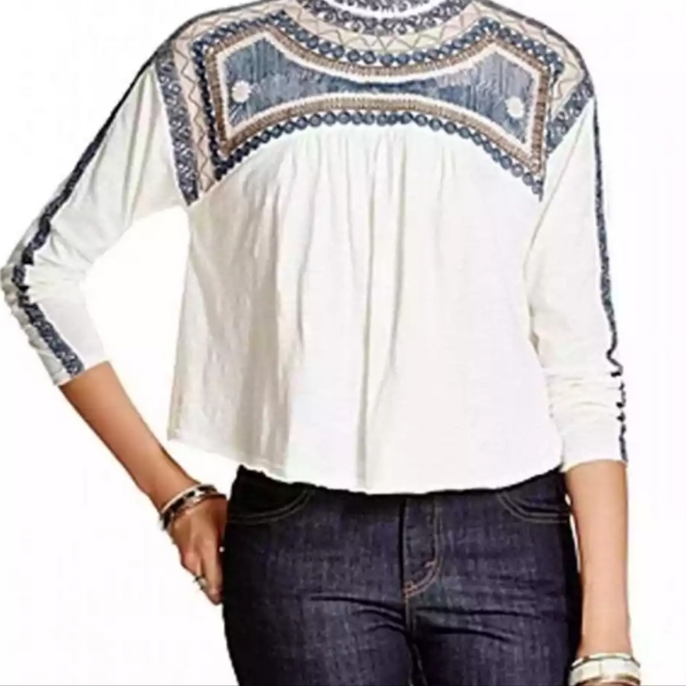 Free People Snow Bunny embroidered mock neck crop blouse